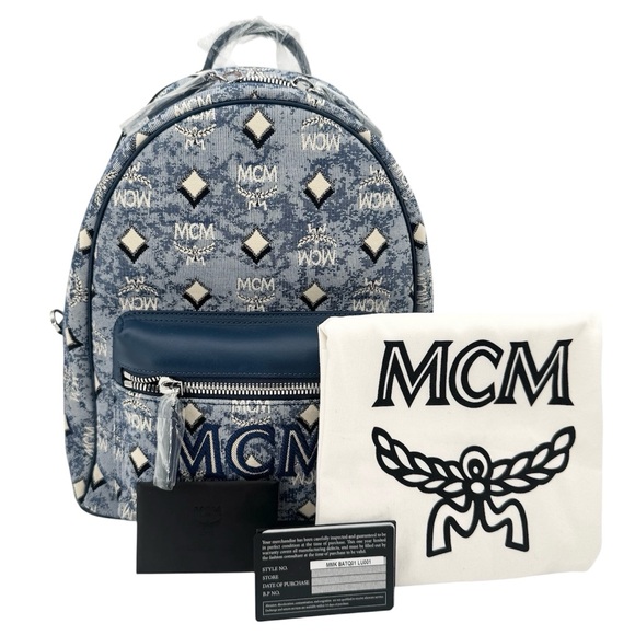 MCM New With Tags Logo Monogrammed Jacquard & Leather Blue Backpack - Picture 2 of 14